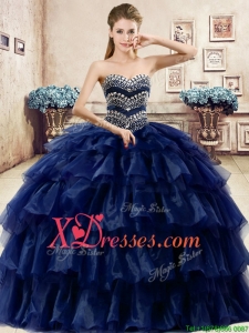 Cheap Beaded and Ruffled Layers Quinceanera Dress in Navy Blue