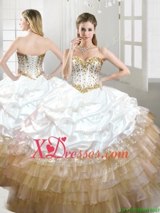 Fashionable Beaded and Pick Ups Quinceanera Dress in White and Gold