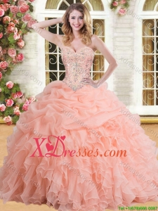 Cheap Organza Peach Quinceanera Dress with Appliques and Ruffles