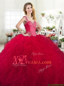 Luxurious Straps Beaded and Ruffled Quinceanera Dress in Red