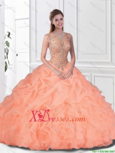 Cheap Spring Perfect Beaded and Ruffles Watermelon Quinceanera Gowns with Bateau