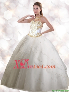 Cheap Spring Halter Top White Quinceanera Gowns with Appliques