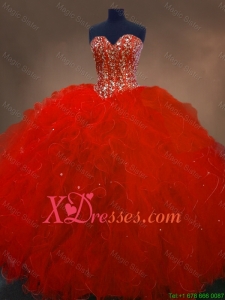 Pretty Red Sweetheart Quinceanera Gowns with Ruffles and Beading
