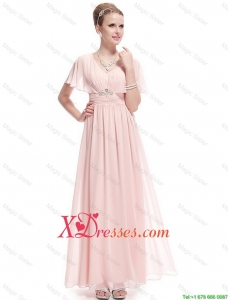 New Style V Neck Beaded Prom Dresses with Short Sleeves