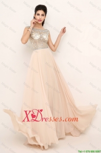 Cheap Beautiful Beaded Bateau Prom Dresses with Brush Train