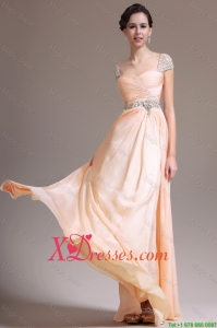 Suitable Empire Straps Beaded Prom Dresses with Cap Sleeves