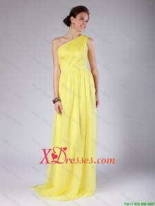 Elegant One Shoulder Sashes Yellow Prom Dresses with Sweep Train for Cheap