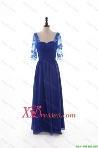 Cheap Fall Empire Sweetheart Ruching Prom Dresses with Half Sleeves in Blue