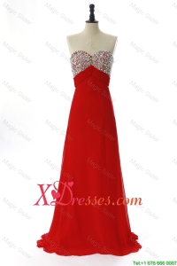 Exquisite Cheap Winter Beading Red Prom Dresses with Sweep Train