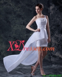 Affordable Column One Shoulder High low Wedding Dresses with Appliques