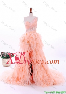 Romantic A Line One Shoulder Ruffles Plus Size Wedding Gowns in Watermelon Red