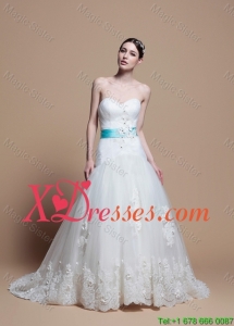 Cheap Romantic A Line Sweetheart Appliques Wedding Dresses with Belt