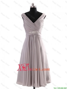 Cute V Neck Short Beading Grey Prom Dresses for Graduation