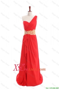 Cute Appliques and Ruffles One Shoulder Prom Dresses with Sweep Train