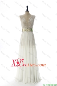 New Style White Long Prom Dresses with Beading and Belt for Cheap