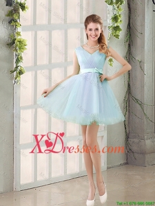 Cheap Summer V Neck Strapless Short Bridesmaid Dresses with Bowknot