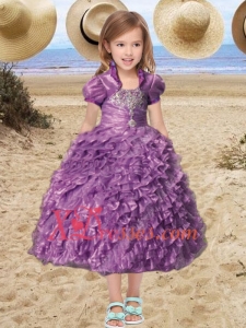 Beautiful Straps Tea-length Little Girl Pageant Dress with Beading Ruffles in Purple for 2020