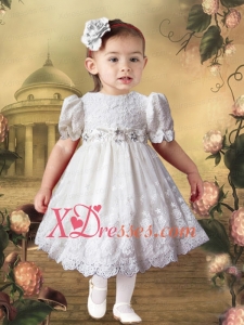 White Short Sleeves Lace and Beading Little Girl Dress with Tea-length
