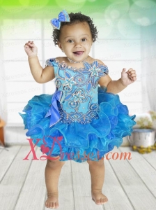 2021 Bowknot Off the Shoulder Appliques and Beading Short Little Girl Dress with Lace-up