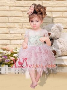 Baby Pink Lace-up Luxurious Little Girl Dress with Ruching and Beading