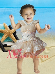 Champagne Short V-neck Lace-up Little Girl Dress with Ruching and Appliques