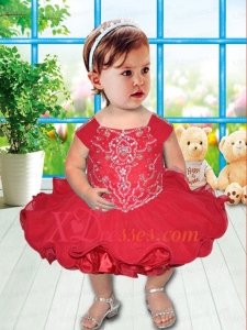 Red Square Knee-length Little Girl Dress with Beading and Ruffles for 2020