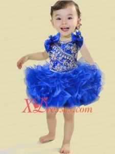 Cute Ball Gown Scoop Mini-length Beading Bowknot Royal Blue Little Girl Dress