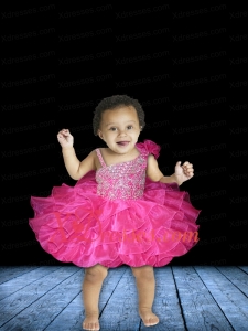 Fashionable Ball Gown Asymmetrical Mini-length Beading Bowknot Hot Pink Little Girl Dress