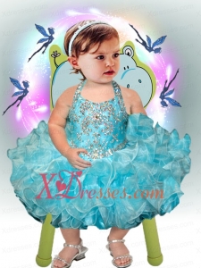 Fashionable Ball Gown Halter Top Tea-length Beading Bowknot Blue Little Girl Dresses