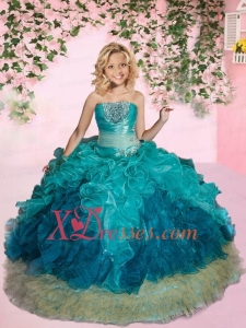 New Arrival Strapless Turquoise Little Girl Pageant Dress with Beading and Ruffles