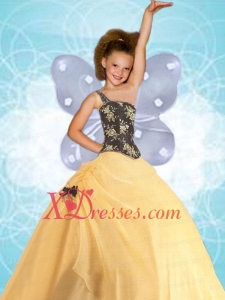 Newest One Shoulder Yellow Little Girl Pageant Dress with Appliques