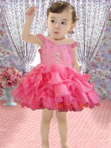 Rose Pink Beading and Ruffles Mini-length Little Girl Dress with Off the Shoulder