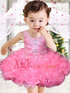 Rose Pink Scoop Beading and Ruffles Little Girl Dress with Lace-up