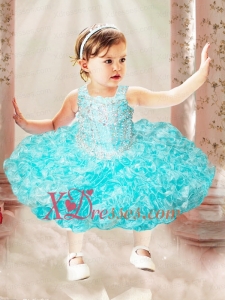Sweet Ball Gown Straps Tea-length Beading Bowknot Light Blue Little Girl Dress