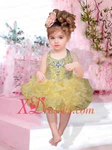 Fashionable Halter Top Knee-length Beading Bowknot Yellow Little Girl Dresses