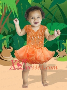 Orange V-neck Orange Short Little Girl Dress With Appliques Beading