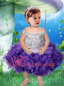 White and Purple Straps Tea-length 2021 Little Girl Dresses with Beading and Bowknot