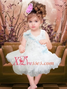 Beading and Ruffles Short Organza Backless Little Girl Dress in White