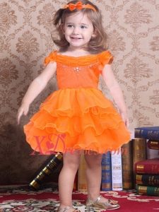 Popular Orange A-Line Off the Shoulder Little Girl Dress with Beading and Ruffles