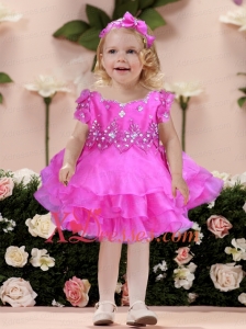 Short sleeves Fuchsia A-Line Modest Little Girl Dress with Beading and Ruffles
