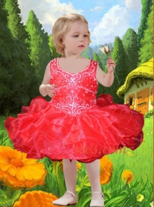 Sweet Organza V-neck Knee-length Little Girl Dress in Red