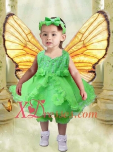 V-neck A-Line Luxurious Hand Made Flowers and Ruffles Spring Green Little Girl Dress