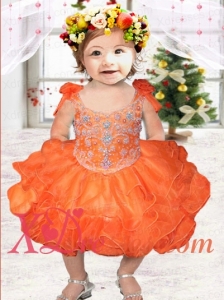 Orange Ball Gown Straps Knee-length Little Girl Dress with Beading