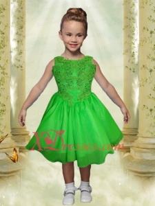 A-Line Scoop Appliques and Beading Tea-length Little Girl Dress in Spring Green