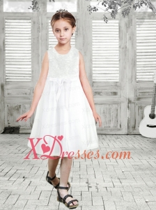 A-Line Tea-length Bowknot White Lace Flower Girl Dress with Scoop