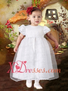 A-Line Tea-length Short Sleeves Formal Flower Girl Dress with Appliques and Ruffles