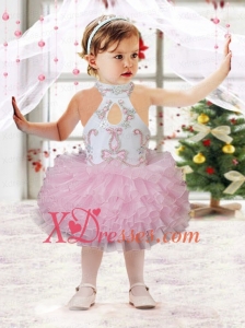 Beautiful Ball Gown Halter Tea-length Beading Ruffles Pink Little Girl Dress