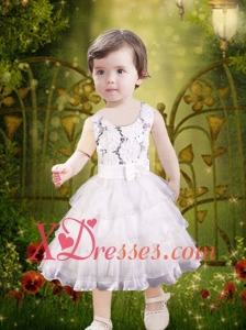 Bowknot and Ruffled Layers Tea-length Flower Girl Dress with Zipper-up