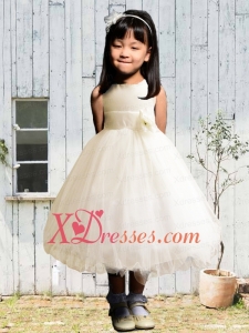 Discount Hand Made Flowers and Ruffles A-Line Tea-length Flower Girl Dress with Scoop