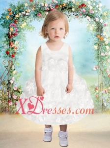 Formal Ball Gown Hand Made Flowers Tea-length Flower Girl Dress with Scoop